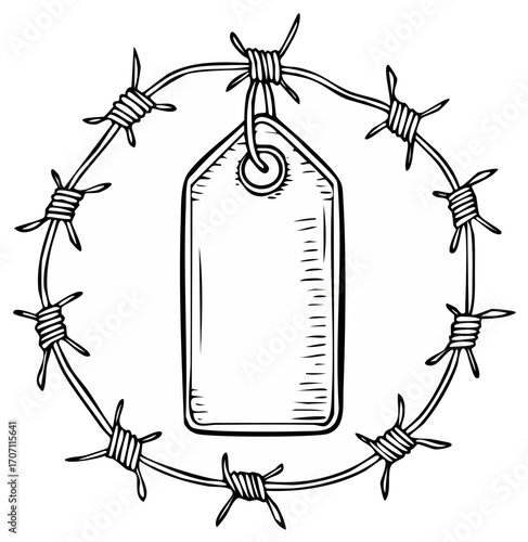 Conceptual sketch illustration of a blank tag framed by a barbed wire circle