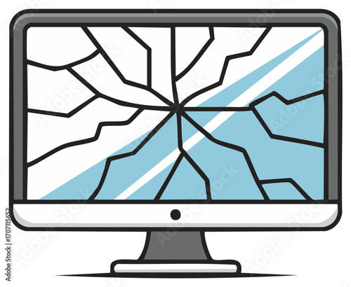 Broken computer monitor with a shattered screen cartoon vector icon