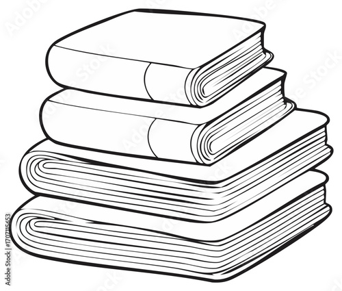 A stack of five open and closed books in a simple black and white line drawing illustration