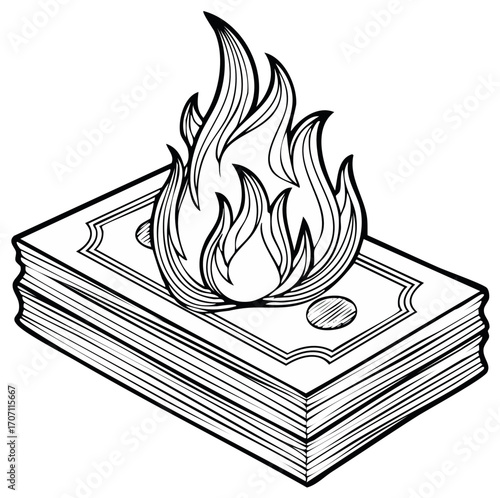Burning money stack line art symbolizing financial crisis inflation and wealth loss