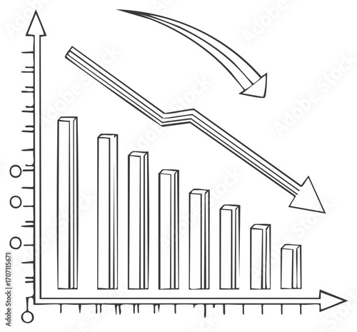 Stylized bar graph showing loss with downward arrows for business and financial concepts