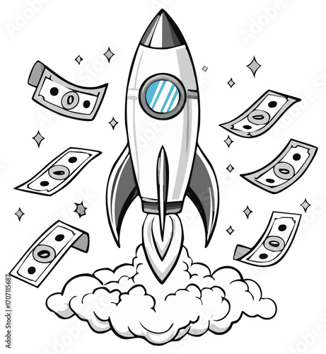 Cartoon rocket launch with money taking off in black and white style. Business concept vector illustration.