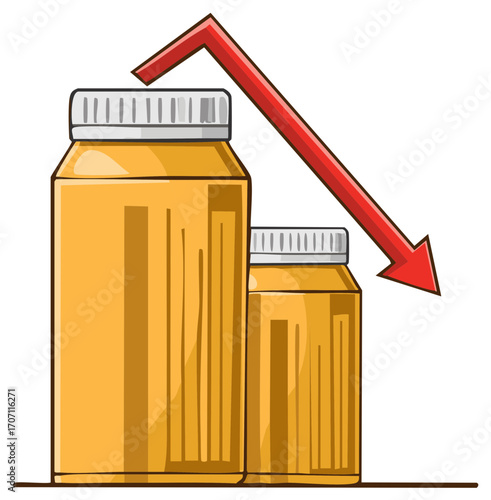 Medicine Bottles with Red Arrow Depicting Decline in Sales or Medication Use