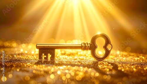 A golden key rests on a shimmering, textured surface bathed in bright, heavenly light