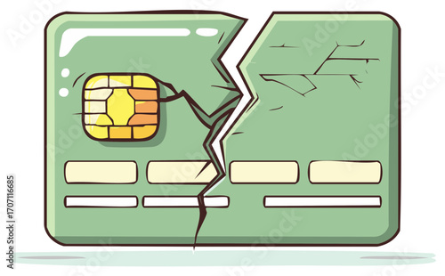 Cartoon illustration of a broken credit card. Financial crisis concept.