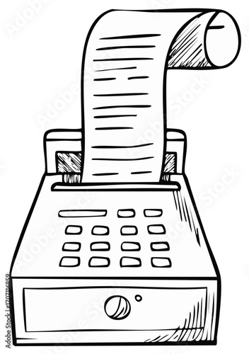 Vintage sketched cash register with printed receipt roll illustration isolated