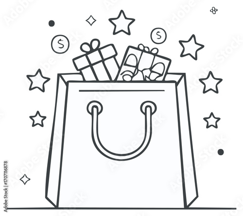 Line Art Shopping Bag Filled with Gifts and Stars Celebrating Commerce
