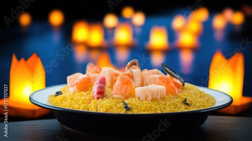 paella. Golden-edged paella on porcelain, saffron rice and seafood arranged with artistic precision. inspires cooking, menu design, designed for food delivery and cloud-kitchen brand materials.