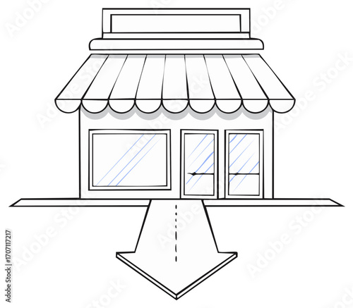 Retail Storefront Building with Outgoing Arrow Symbolizing Customer Exit or Departure