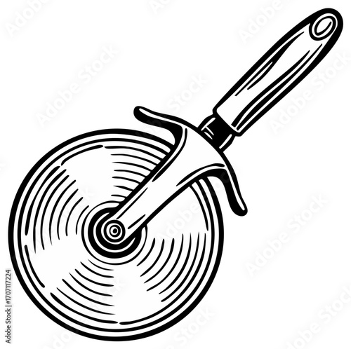Classic pizza cutter kitchen tool in a black and white graphic illustration style