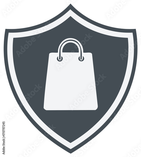 Shopping bag icon within a protective shield symbol representing security and safety