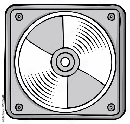 Cartoon hard disk drive illustration in grayscale for computer data storage technology
