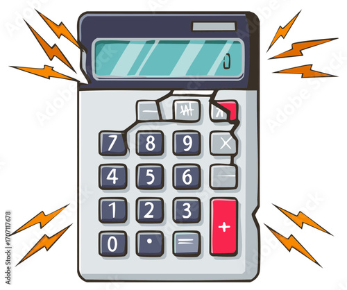 Cartoon illustration of a damaged calculator showing electrical bolts