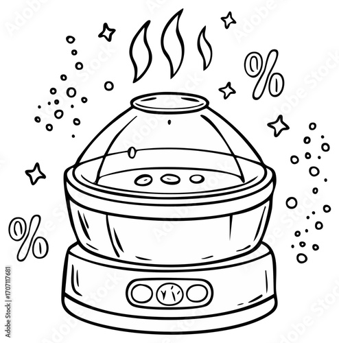 Illustration of aromatherapy diffuser with steam percentage signs stars and circles black and white drawing for coloring book