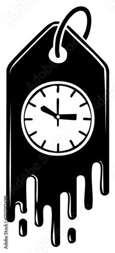Black tag with a clock face melting away symbolizing time running out or an urgent deadline