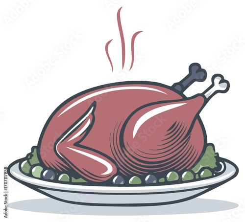 Steaming Roasted Poultry Dinner on Platter with Garnish Illustration for Holiday Feasts
