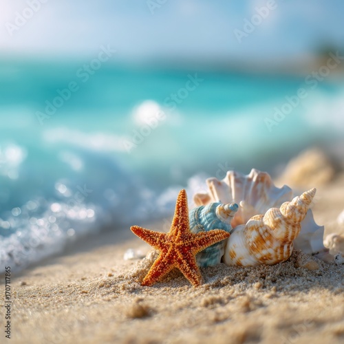 starfish. Seashells and starfish on sand, evoking tranquility of a tropical beach. travel magazines, destination branding, designed for travel destination branding, used by motion designers.