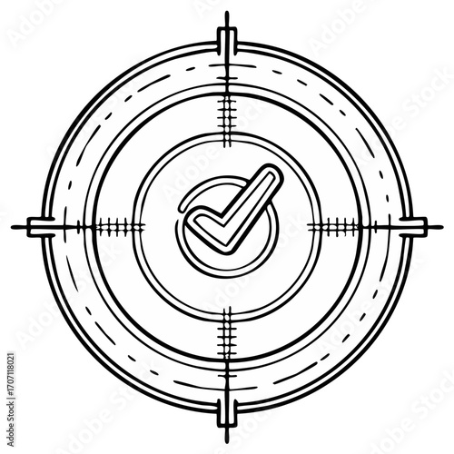 Doodle target with check mark inside for accurate aiming and successful hit target practice