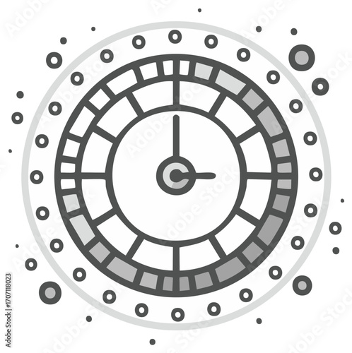 Illustration of an outlined analog clock, indicating time passing, with surrounding decorative dots.
