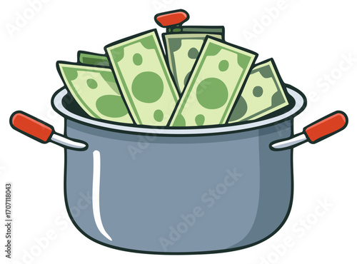 Cooking Pot Filled with Paper Money Representing Wealth and Financial Success
