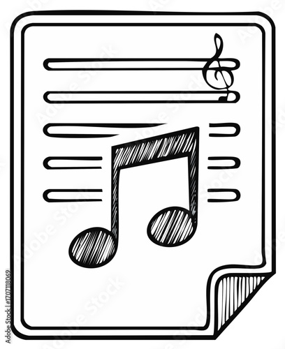 Sheet music with a treble clef and a musical note sketched on a document