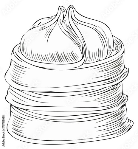 Hand-drawn illustration of stacked dim sum in a bamboo steamer basket for menu design or graphic elements.