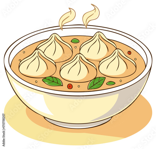 Bowl of Steaming Dumplings in Broth with Herbs and Spices Asian Style Food Illustration