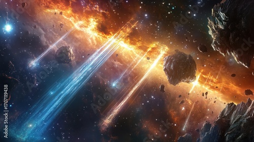 Colorful cosmic scene with bright asteroids comets and glowing stars in deep space fantasy background