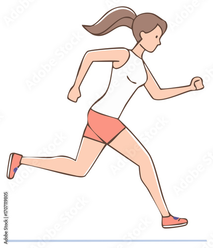Woman with ponytail sprinting in a minimalist vector illustration, wearing sportswear and running shoes during an outdoor fitness activity.