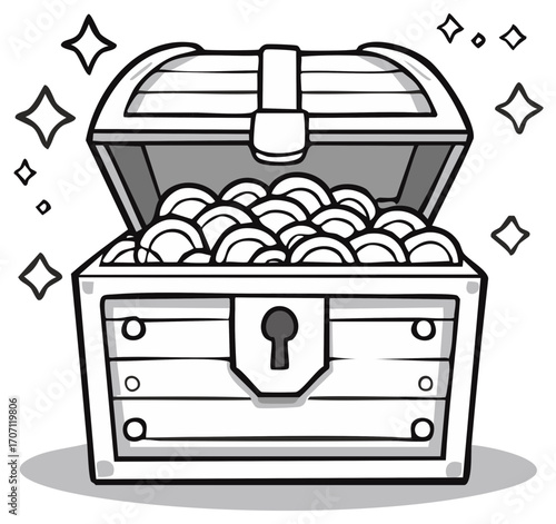 Open treasure chest filled with gold coins and sparkling stars illustration.