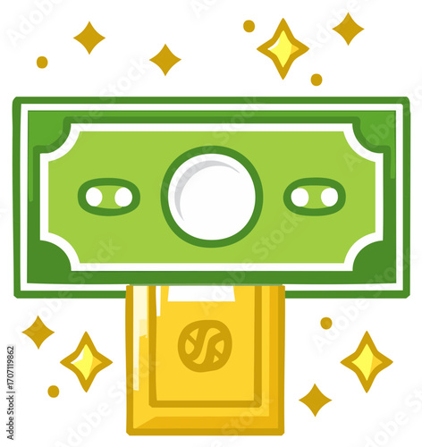 Green money banknote inserting into golden payment slot with sparkling financial transaction