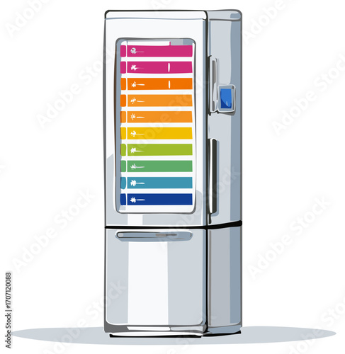 Modern refrigerator with energy efficiency rating labels displayed on the door