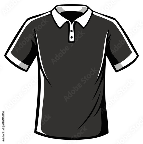 Classic black short sleeve polo shirt with white collar and button placket vector graphic design