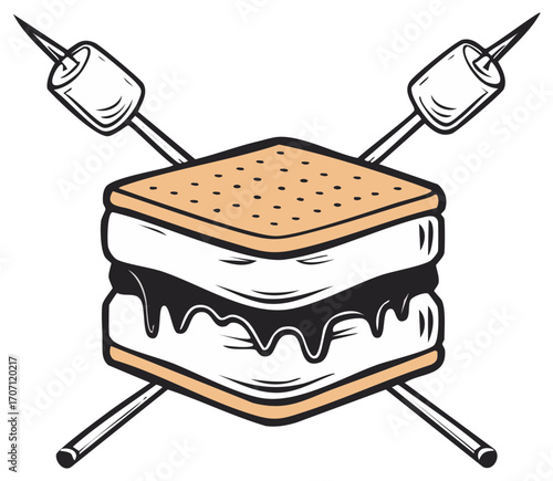 Sweet s'more dessert with gooey melted chocolate and marshmallow graham crackers and crossed skewers vector illustration