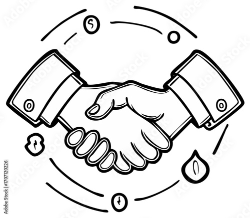 Two hands shaking in agreement surrounded by abstract symbols of business and finance