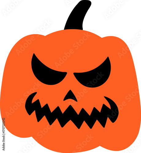Spooky carved pumpkin with a creepy, toothy grin. Scary orange Jack-o'-lantern character isolated for Halloween.