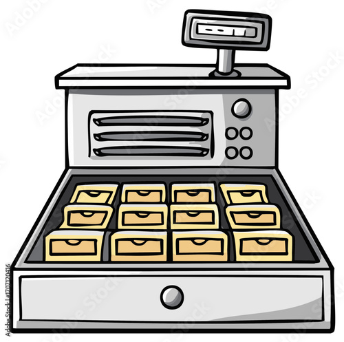 Cartoon illustration of a vintage cash register