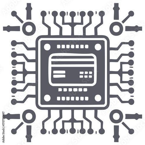 Credit card chip integrated into circuit board icon for fintech and secure digital transactions