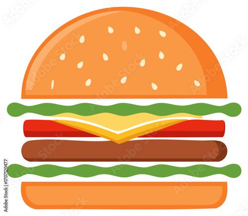 Stylized Burger Icon with Sesame Seed Bun, Lettuce, Cheese, Tomato and Patty, Fast Food Graphic Symbol, Hamburger Flat Design Illustration