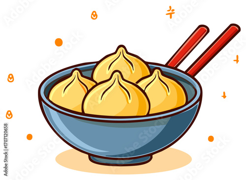 Bowl of delicious dumplings with chopsticks, simple flat illustration