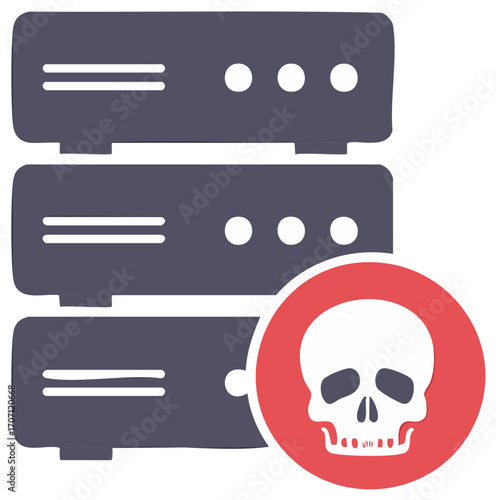 Server Rack Stack with Skull Warning Icon for Cybersecurity Threat and Data Breach