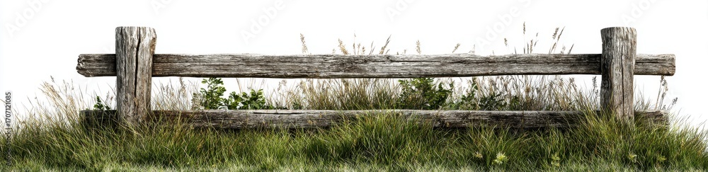 Obraz premium Overgrown Rustic Wooden Fence in a Field