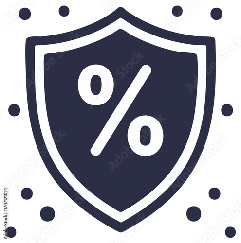 Dark blue shield icon with percent symbol and dots representing security or discounts