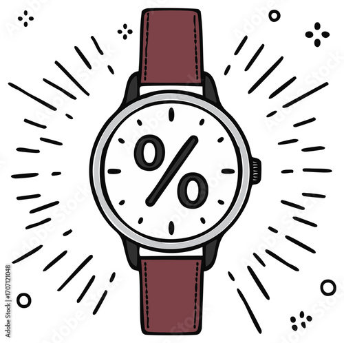 Hand drawn illustration of a wristwatch with a percentage symbol on its face surrounded by radiating lines and dots.