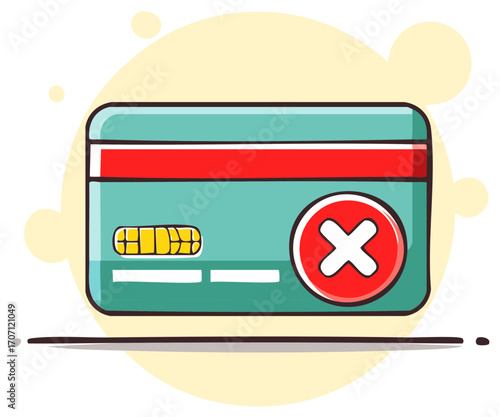 Credit card rejected with a red cross symbol and chip detail illustration