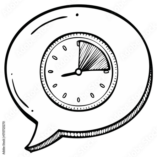 Hand-drawn speech bubble enclosing a clock face indicating approximately eight o'clock or a waiting period