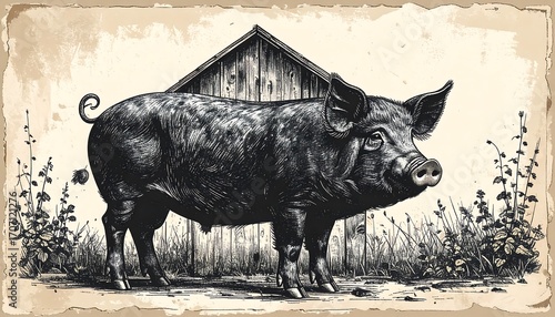 Vintage illustration of a pig near a rustic wooden shed