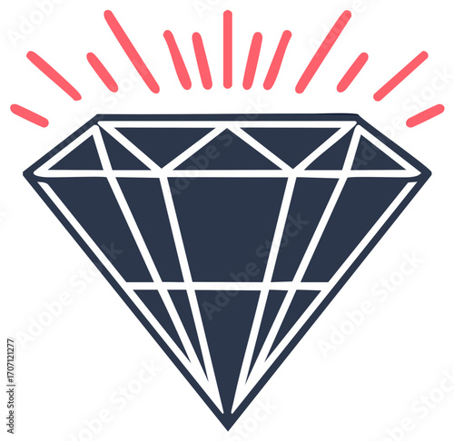 Simple Hand Drawn Diamond Icon With Red Light Rays Around The Top