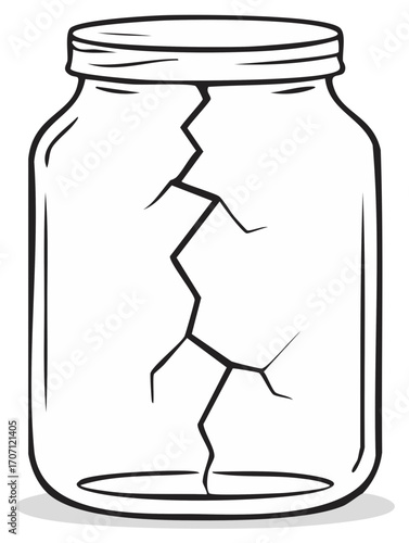 Empty glass jar with a large crack running down the center in a simple line drawing