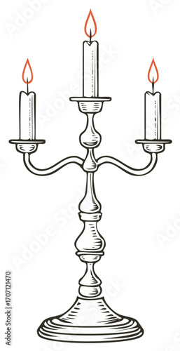 Elegant Candelabra with Three Lit Candles, Vintage Design, Decorative Table Centerpiece, Light Source